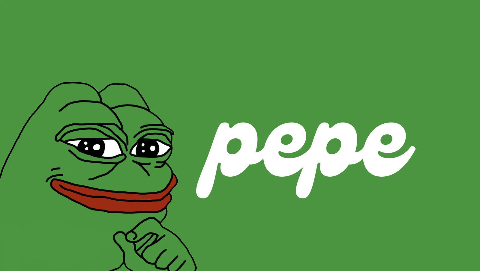Green cartoon frog beside the white lowercase word pepe